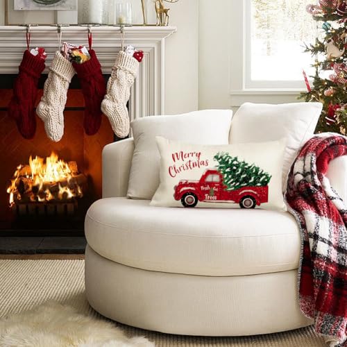 Red Truck Christmas Pillow Cover 20x12 Inches Holiday Home Decor - White / Pack of 1