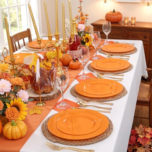 Orange Disposable Plates Set 60PCS for Fall Halloween & Thanksgiving - Heavy Duty 10.25inch & 7.5inch - Variation of Orange / 60