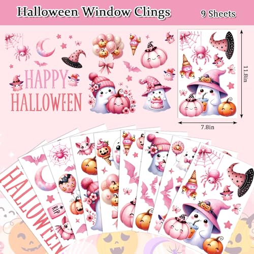 Whaline Halloween Window Clings - 9 Sheets Pink Ghost & Bat Decor