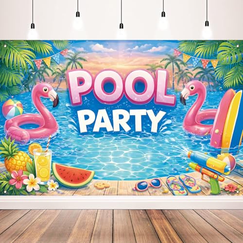Pink Flamingo Pool Party Backdrop Banner - 71 x 43 Inch