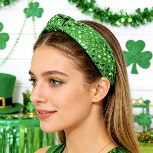 St. Patrick's Day Green Top Knot Headband Sequin Hair Accessory for Women