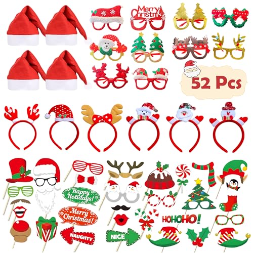 Christmas Photo Booth Props Kit 52 Pcs with Glitter Glasses Hats Signs - Holiday Party Decorations