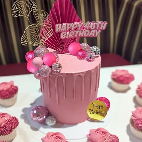 Hot Pink and Gold Ball Cake Topper Set with Palm Leaves for Party Decor
