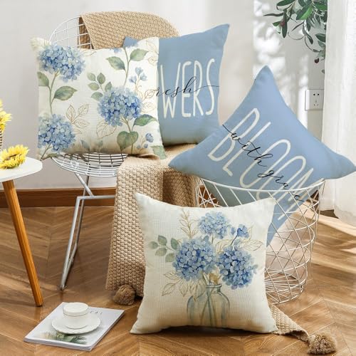 Blue Hydrangea Floral Throw Pillow Covers 18x18 Set of 4 - Durable Spring Home Decor