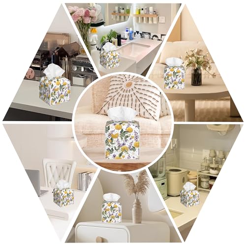 Square Leather Tissue Box Cover - Orange Fruits & Lavender Floral Print