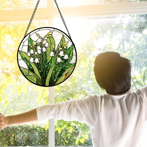 Lily of the Valley Stained Glass Window Hanging Suncatcher - White and Green, 7.8 Inch