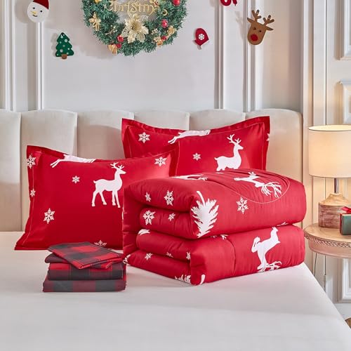 Christmas Bed in a Bag 6 Pieces Twin Set Deer Red Snowflake Holiday Bedding - Deer Red / Twin-6 Pieces