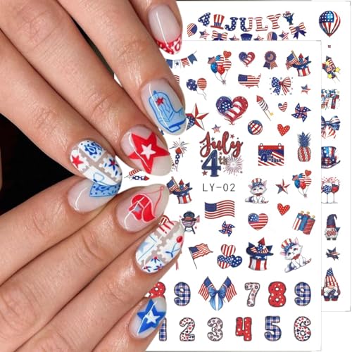 4th of July Nail Stickers - 6 Sheets Patriotic Red White and Blue Self-Adhesive Nail Decals
