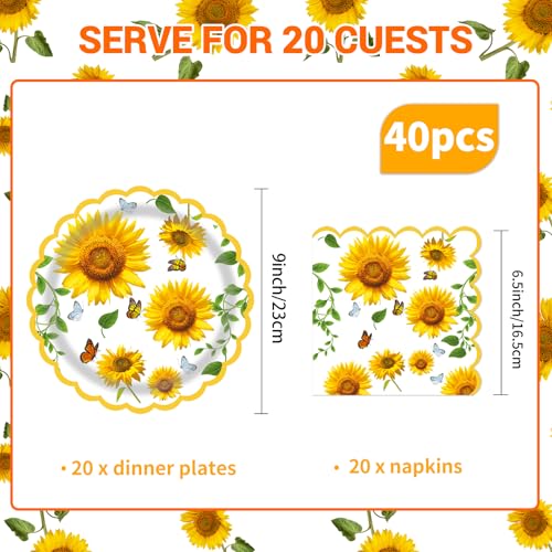 Sunflower Party Supplies Set: 20 Dinner Plates & 20 Napkins - Fall Theme