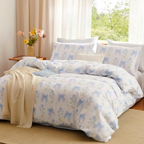 Blue Bow Duvet Cover Set for Kids - Full Size, Floral Design, JFS1379