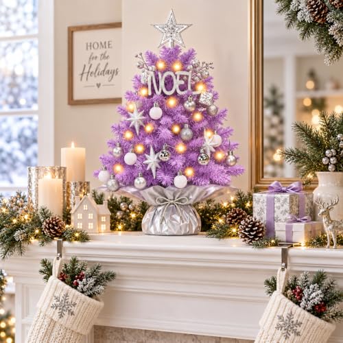 Purple Mini Christmas Tree with Lights - Small Artificial Holiday Decor
