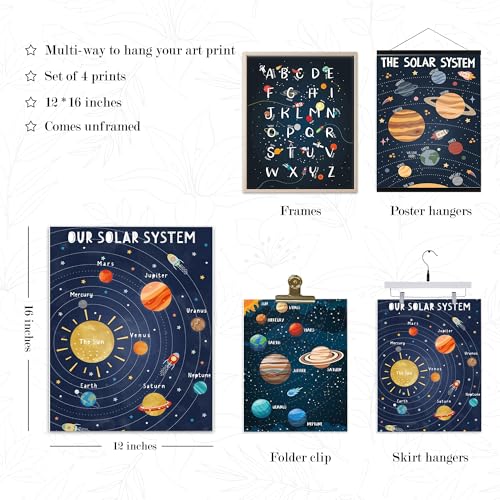 BearCake Solar System Alphabet Poster Prints - 12x16 Inch Set of 4 for Kids' Room