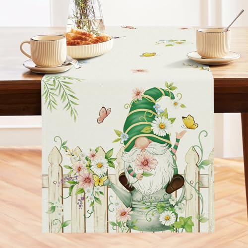 Spring Gnome Table Runner 13x72 Inch - Floral Kitchen Decor
