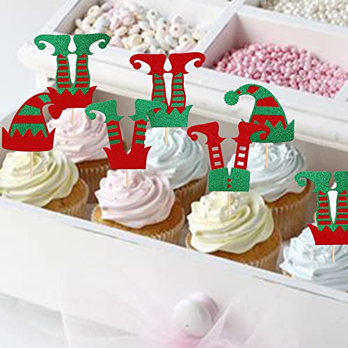 Christmas Elf Cupcake Toppers Glitter Merry Santa Hat Elf Legs Design 18 - 24 Pack