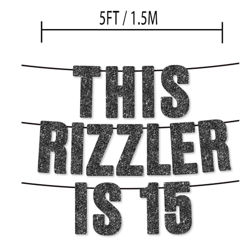 This Rizzler is 15 Black Glitter Banner, Funny Gen Z Slang Birthday Decor