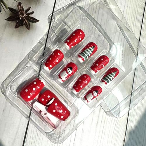 Christmas Snowman Press on Nails French Tip Glossy Red Fake Nails