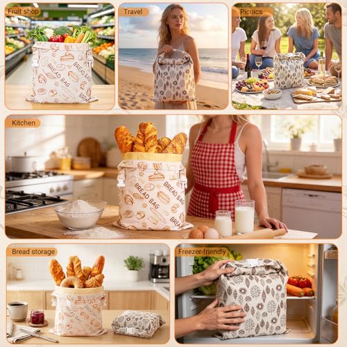 Senbowe Reusable Beeswax Bread Bags 17x13 Inch XL - Beige & Grey, Large Linen Storage with Zipper for Sourdough & Homemade Bread