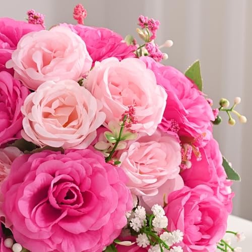 Yastouay Artificial Peony Flower Bouquets - Mixed Pink, 2 Pack, 7-Branch, 12-inch Stems