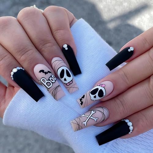 SINSEN Long Coffin Halloween Press on Nails - 24 Pcs Cartoon Skull Acrylic Fake Nails