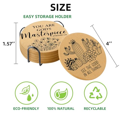 Inspirational Cork Coaster Set with Holder - 6 Round Absorbent Coasters