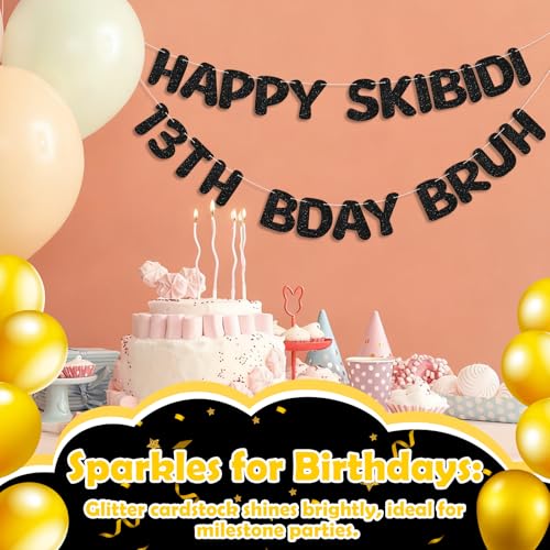 Happy Skibidi 13th Birthday Banner | Pre-Strung Black Glitter Sign