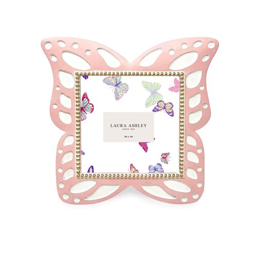 Laura Ashley 4x4 Pink Resin Butterfly Picture Frame with Dotted Edges, Photo Frame with Black Fabric Easel, Made for Tabletop & Wall-Hanging Display (4x4, Pink)