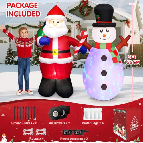 5 FT Inflatable Santa and Snowman Christmas Yard Decorations with Bright LEDs
