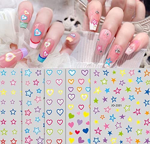 6 Sheets Colorful Star & Heart Nail Art Stickers 3D Self-Adhesive Decals