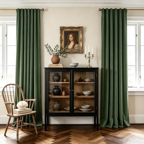 Olive Green Velvet Blackout Curtains - 52W x 108L, Pack of 2, Room Darkening