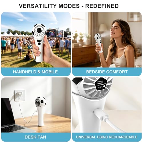 SZO Soccer-Style Handheld Fan, Rechargeable Clip-On Fan, Black & White