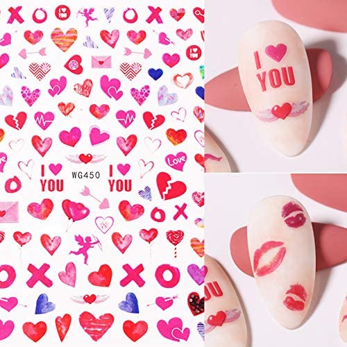 Valentine Hearts Nail Art Stickers 3D Self Adhesive Red Love Decals 6 Sheets