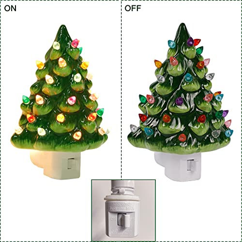 Green Ceramic Christmas Tree Night Light with Multicolor Bulbs - 6 Inch