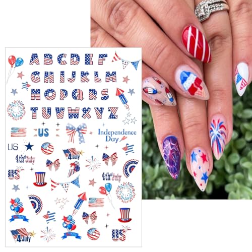 4th of July Nail Stickers 6 Sheets - 3D Self-Adhesive American Flag Decals
