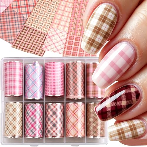 Pink Plaid Nail Foil Transfer Sheets 10 Rolls Checkered Manicure Decals
