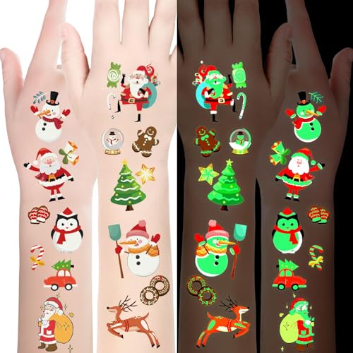 CHAWONER Luminous Christmas Temporary Tattoos for Kids, 120 Pcs Glow in the Dark Party Favors