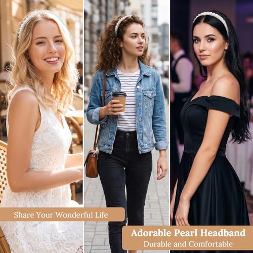 Josojoou Pearl Headband for Women White Non-Slip Wedding Hair Hoop