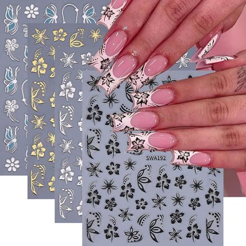 3D Floral Nail Art Stickers Gold & Dark Blue Glitter Decals (4 Sheets)
