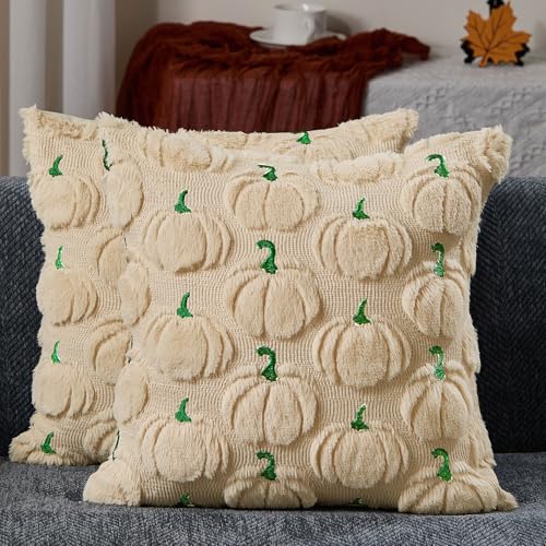 Beige Fall Pillow Covers 18x18 (Set of 2) - Plush Pumpkin Design