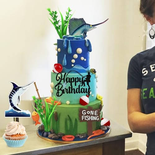 18-Piece Gone Fishing Cake Topper Set for Fisherman Themed Birthday Parties