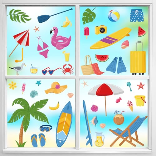 Summer Window Clings, 50 Pcs Beach Glass Stickers Decals