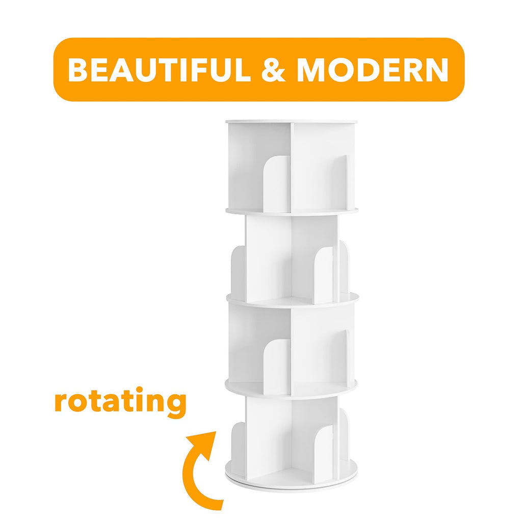 SpaceAid Cross Style 4 Tier Rotating Bookshelf, Spinning 360 Bookcase Lazy Susan Tower, Vertical Revolving Books Shelf Storage Round Carousel Space Saving Organizer, White