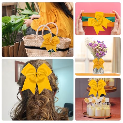 TUUXI 8 Inch Large Gold Cheerleading Bows with Elastic Hair Ties 2 Pack
