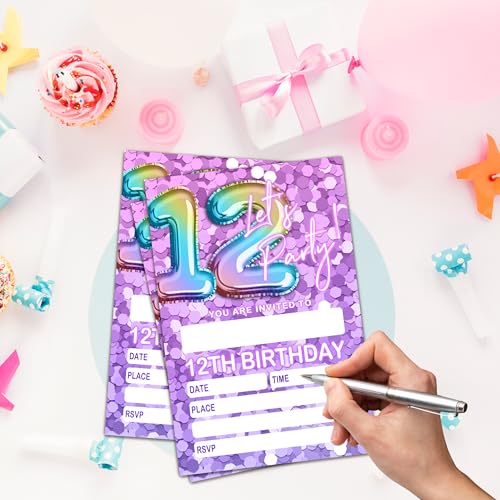 Let's Party Birthday Invitations with Envelopes, Pink Rainbow Balloons, 20 Pack