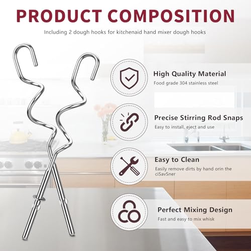 Dough Hooks for KitchenAid Hand Mixer - Stainless Steel Replacement Set