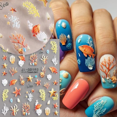 Ocean Nail Stickers 3 Sheets Summer Beach 5D Embossed Decals
