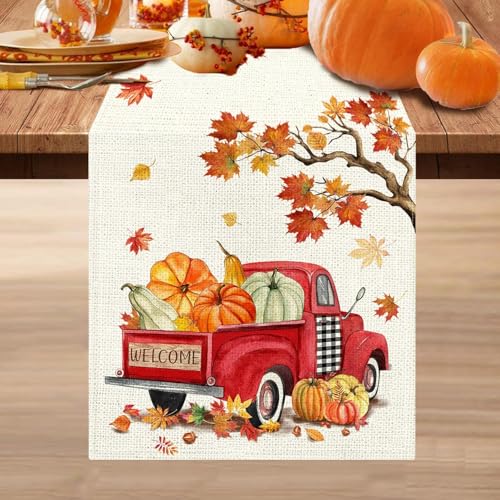 Fall Linen Table Runner 13x54 Inches - Autumn Pumpkin & Maple Leaf Design
