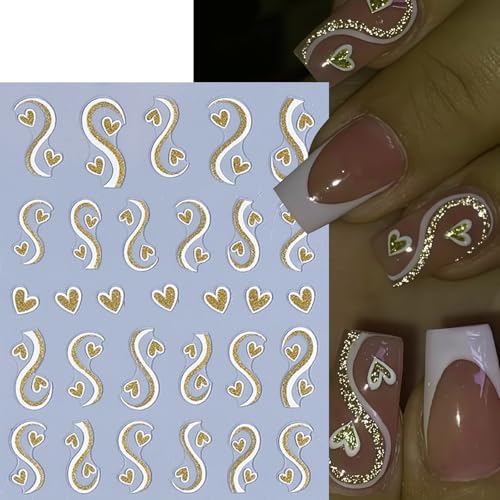 6 Pcs Valentines Glitter Heart Nail Stickers Self-Adhesive Decals