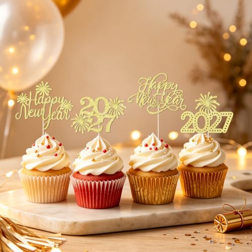 Happy New Year Gold Glitter Cupcake Toppers - 24 Pack, Variation 9
