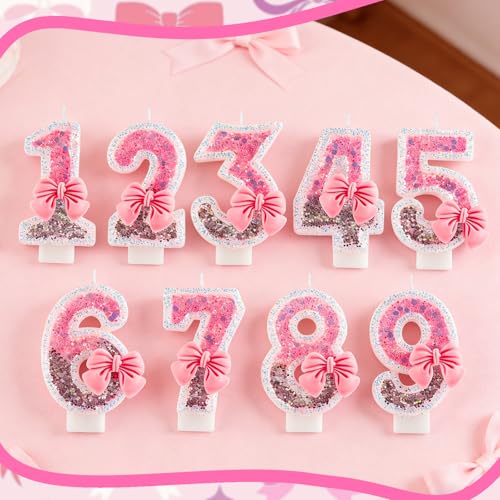 Pink Bow Number 2 Birthday Candle Glitter Cake Topper for Girls Party
