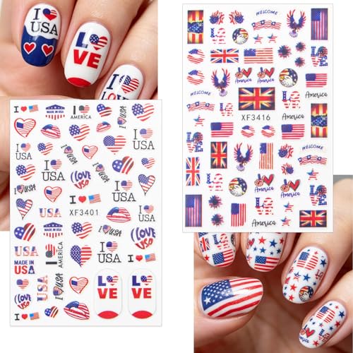 Nudurom 8 Sheets 4th of July Patriotic Nail Stickers 3D USA Decals